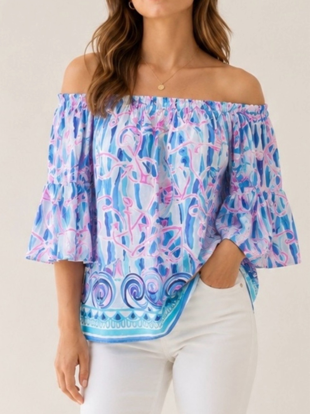 Lilly Pulitzer Nevie Top Off Shoulder 3/4 Sleeve Ruffle Skim Blue Reel Medium